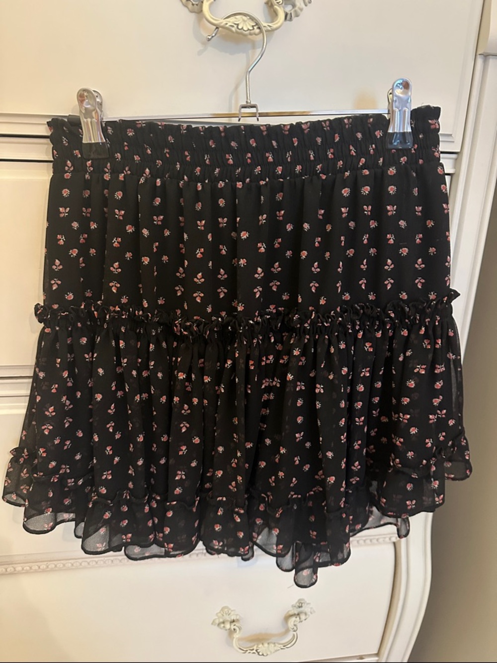 Misa Los Angeles Black Mini Skirt with Pink Floral Print